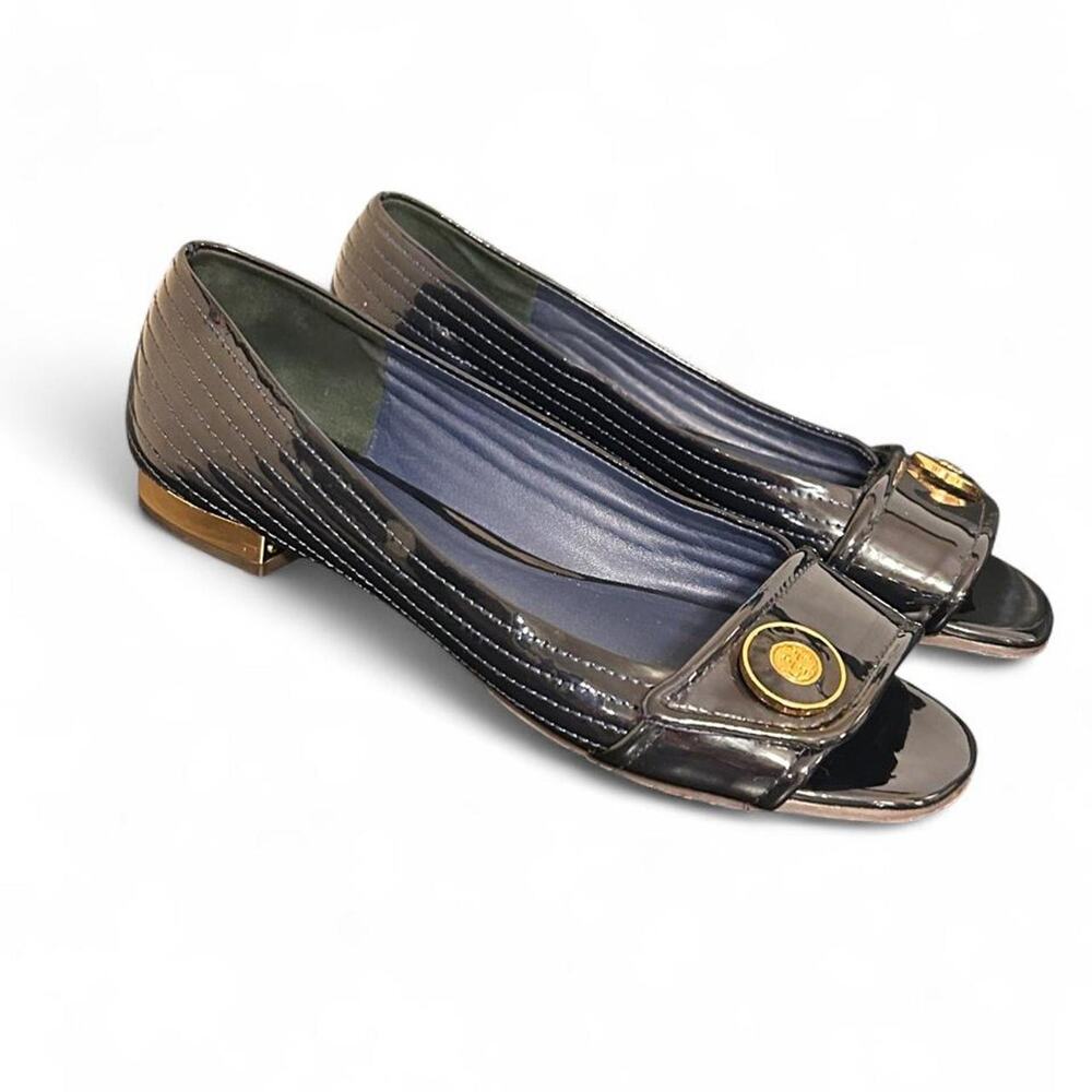 Tory Burch Patent Leather Peep-Toe Flats, Patent Leather, Plate Heel, Size 7.5